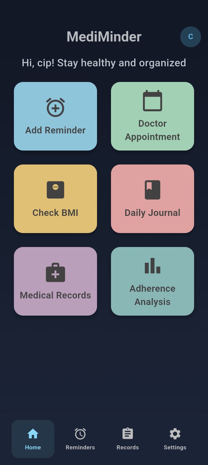 MediMinder home screen with Add Reminder, Doctor Appointment, Check BMI, Daily Journal, Medical Records and Adherence Analysis tiles