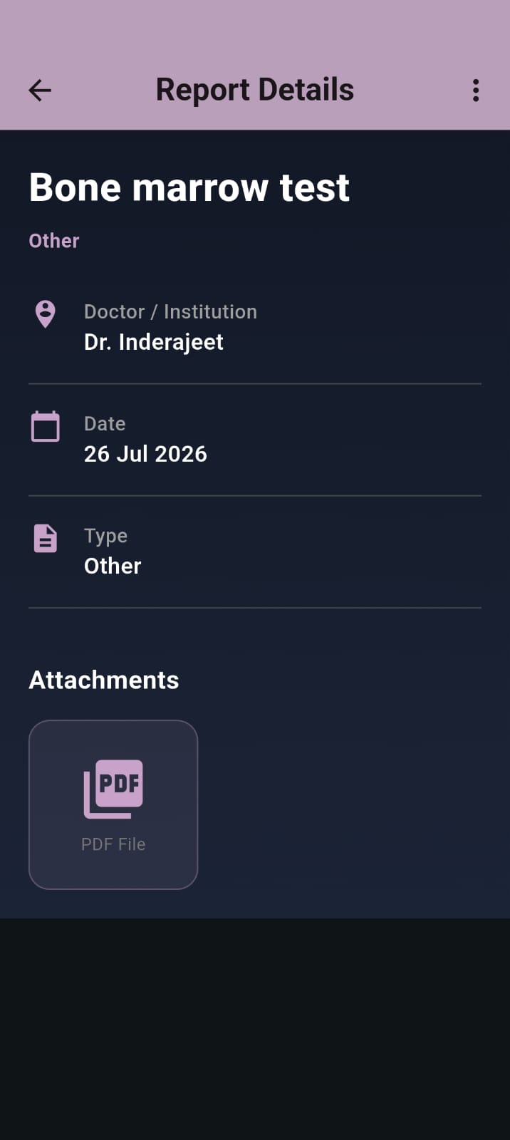 Medical report detail screen with attached PDF